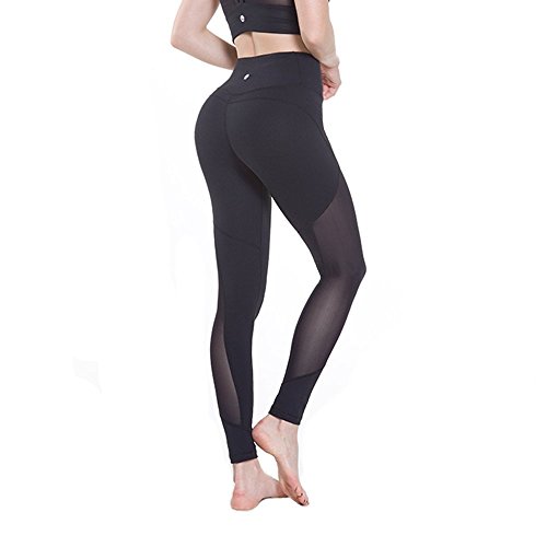 Lesfun Black Leggings Sexy Capris Yoga Pants with Sheer Mesh Tummy Control Workout Tights for Women