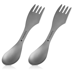 Navaris 2x spork titanium campingbestek – Vork, mes en lepel in één – Bestek voor onderweg en op reis – Lichtgewicht – Inclusief bewaarzakje