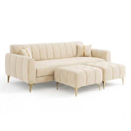Image of Hermione 5 Seater L Shape Sofa Set with 2 Movable Ottoman | Flexible Left or Right Layout | Luxe Velvet Suede Fabric | Comfortable Seating | Modern Sofa for Living Room - Cream
