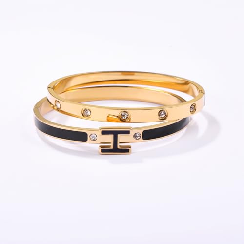 14K Gold Plated Love and H Bangle Bracelet Stackable Stainless Steel Bracelets Set for Women Trendy Jewelry2