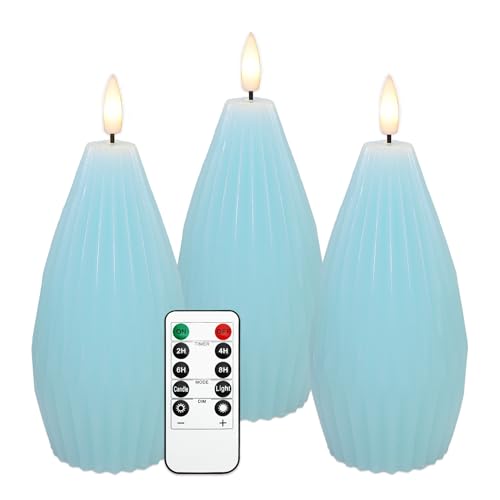 Image of Blue Ribbed Flameless Candles Battery Operated with Remote Flickering Realistic LED Real Wax Decorative Candle Geometric Aesthetic Modern Ocean Decor for Home Table Fireplace, 3 Pack