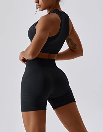 Image of Workout Sets for Women 2 Piece Seamless Ribbed Tank Top Sport Bra High Waist Biker Shorts GYM Yoga Exercise Outfits
