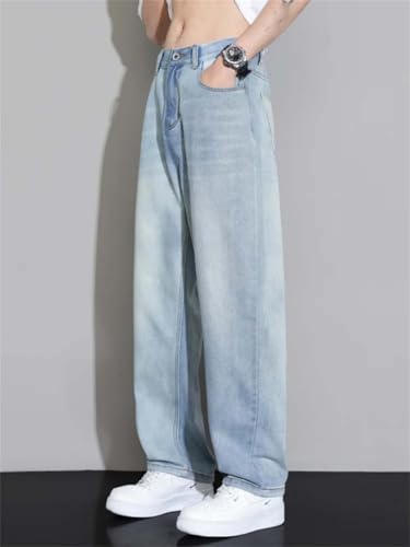Hndudnff Men's Summer Loose Straight Wide-Leg Jeans Casual Washed Denim Long Pants4