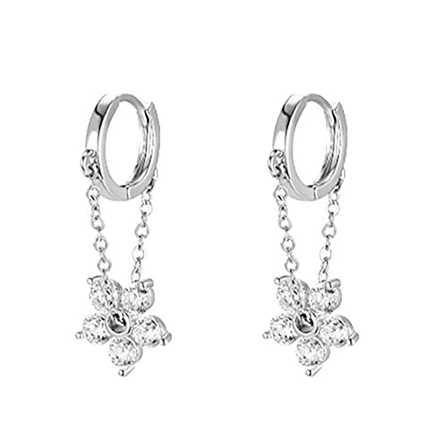 Reffeer 925 Sterling Silver Flower Chain Drop Earrings Hoop for Women Teens Huggie Hoop Dangle Earrings Chain