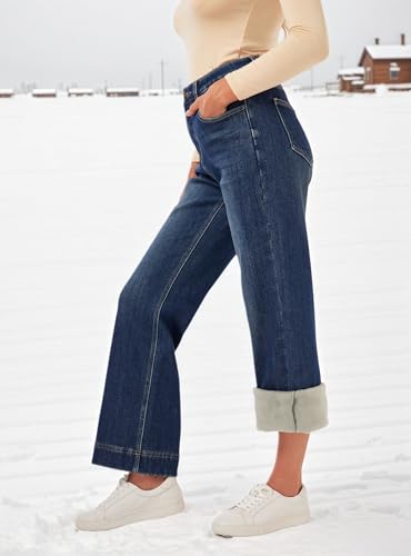 heipeiwa Women's Fleece Lined Jeans Wide Leg Baggy Winter Jeans Thermal Flannel Lined Jean Denim Pants3