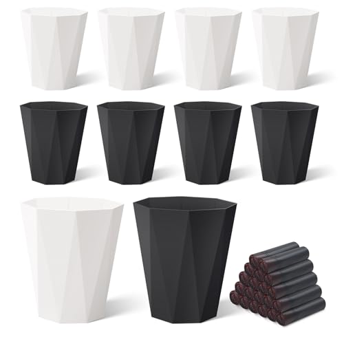 Image of 10Pack Office Trash Can with 375 Counts / 25Rolls Trash Bags, 1.8 Gallons Small Trash Can Bulk for Bathroom, Small Bathroom Garbage Can for Bathroom, Bedroom, Office, Kitchen (5White, 5Black)