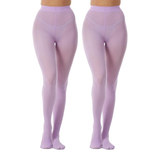 QUEEN BABY 2 Pairs 40D Solid Color Semi Opaque Tights for Women's, Ultra Soft Microfiber Pantyhose,L-XL,Lavender