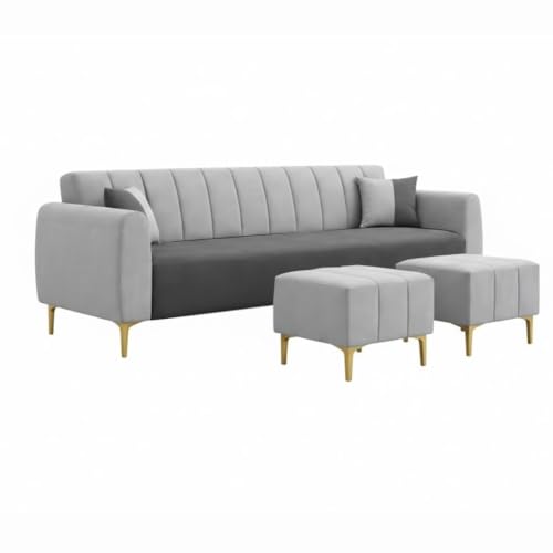Image of Habibi 5 Seater L Shape Sofa Set with 2 Movable Ottomans | Flexible Layout | Rich Velvet Suede Fabric | Silver Legs | Modern Sofa for Living Room (Cream) (Dark Grey-Light Grey, Habibi)