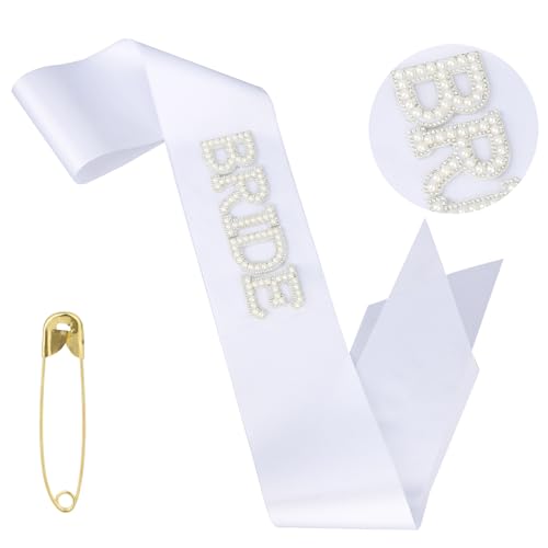 White Pearl Bride Sash, Adjustable Wedding Belt for Bridal Shower Gift with Pin Bachelorette Satin Sash Ideal Bridal Shower Gift for Engagement Party Bride to Be Decorations