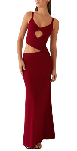 Image of NUFIWI Women Bodycon Spaghetti Strap Cutout Maxi Dress Hollow Sexy Fitted Dresses Sleeveless Stretch Slip Long Dress