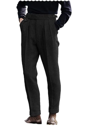 Men's Vintage Herringbone Tweed Pant High Waisted Dress Straight Trousers