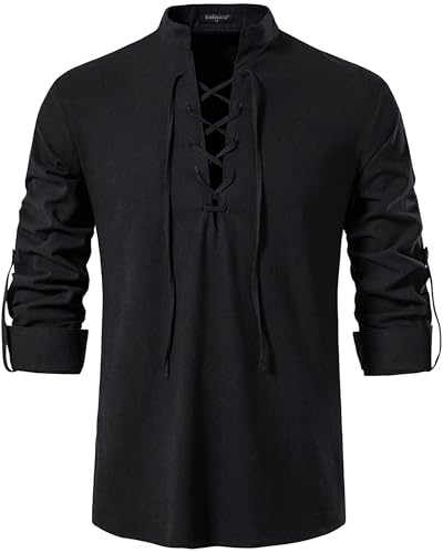 Enlision Chemise en Lin pour Hommes Vintage Punk Renaissance Médiévale Henley Chemise à Manches Longues Viking Pirate Vêtements Noir L