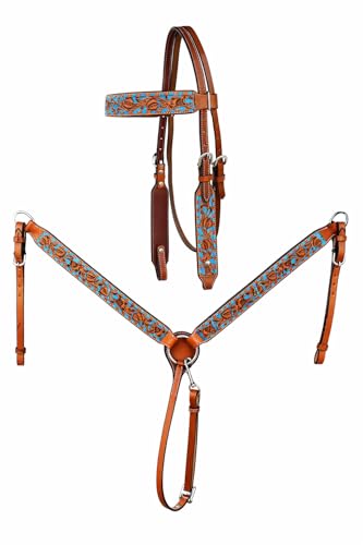 CHALLENGER Horse Western Floral Browband Bridle & Breast Collar Set Turquoise 78FK04B