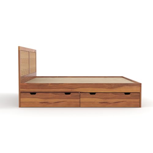 Image of Sheesham Wood Cane Bed with Drawer Storage for Bedroom | Queen Size Wooden Double Bed Palang with Rattan Headboard & Footboard (Honey Finish)