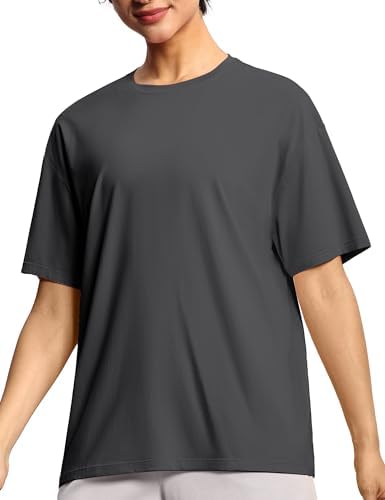 THE GYM PEOPLE Damen Oversize Baumwolle T-Shirt Kurzarm Basic Sport Shirts | Abfallende Schulter, Übergroße, Rundhalsausschnitt, Einfarbig, Leicht, Atmungsaktiv, Weich, Sommer Tops