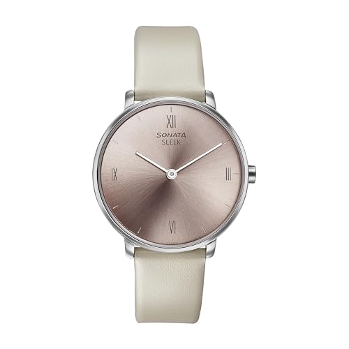 Image of Sonata Sleek Quartz Analog Pink Dial Beige Leather Strap Watch for Women-8191SL01