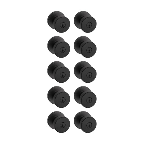 Image of Kwikset Pismo Entry Door Knob with Lock and Key, Secure Keyed Handle Exterior, Front Entrance and Bedroom, Matte Black, 10 Pack, Pick Resistant SmartKey Rekey Security and Microban