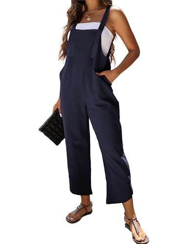 Omoone Women Sleeveless Straps Baggy Jumpsuit Overalls Casual Summer Bib Rompers Pockets (3124-Blue-L)