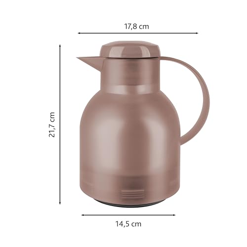 Emsa Samba Isolierkanne, 1 Liter Fassungsvermögen, Quick Press Verschluss, 100% dicht, 12h heiß und 24h kalt, mit Glaskolben, made in Germany, Transluzent/Taupe, 509820 6
