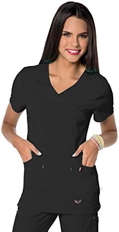 Smitten Women's Soft Lightweight 4-Way Stretch Uniform Crossover Scrub Top, Black, Medium
