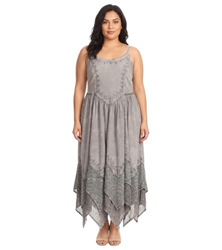 Image of Sakkas Rayon Embroidered Stonewashed Adjustable Spaghetti Straps Long Dress