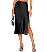 Skrtimory Womens Satin Silk High Waist Slit Midi Skirt Elastic Waistband Midi Skirts for Women
