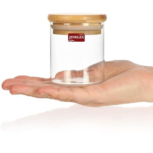 Jinelza glass jars with wooden lid glass jar set food storage containers Borosilicate glass jar Set/Suit for Sugar, Tea, and Other Dry food storage (220ML JARS, 6 PCS, Transparent)