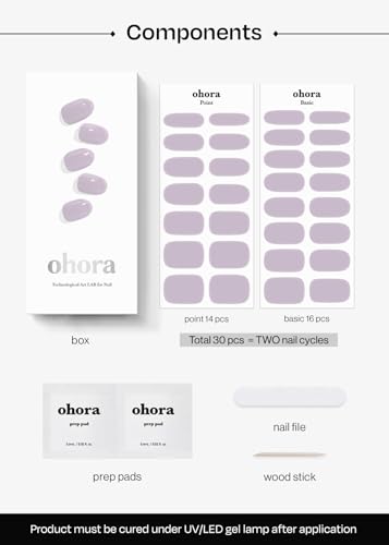 Image of ohora Semi Cured Gel Nail Strips (N Cream Lavender) - Purple, Solid, Works with Any UV /LED Lamps, Salon-Quality, Long Lasting, Easy to Apply & Remove - Includes 2 Prep Pads, Nail File & Wooden Stick