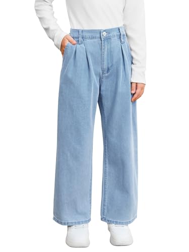 Haloumoning Girls Wide Leg Baggy Jeans Kids Fashion Pleated Elastic High Waist Denim Pants with Pockets 5-14 Years2
