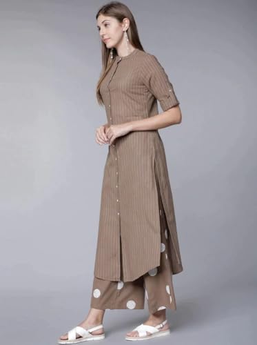 Image of Women's Pure Cotton Solid Kurti With Pant Set (Brown)