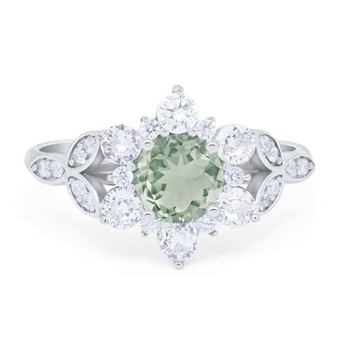 OMRANII Flower Ring Round Natural Green Amethyst Prasiolite Art Deco Ring Halo Trillium Cubic Zirconia Statement Wedding Engagement Rings For Women 925 Sterling Silver Gifts For Her