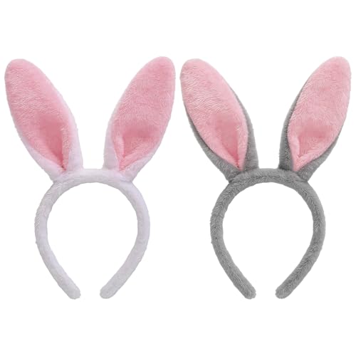 2 Stück Hasen Haarreif mit Hasenohren Stirnband Plüsch Hase Ohren Haarbänder Niedliche Hasenohrens Party Stirnband Oster Hasenohren Bunny Zubehör Tier Kostüm Set für Ostern Karneval Party