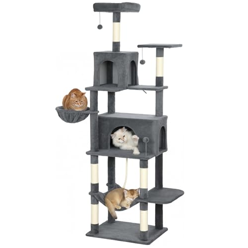 PawHut Cat Tree, 202cm Large Cat Tower for Indoor Kittens with 6 Scratching Posts, 2 Condos, 2 Perches, 2 Hammocks, Pompoms, Multi-Level Plush Kitty Activity Centre for Rest and Play, Dark Grey