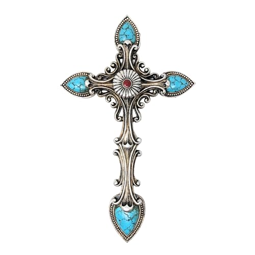 Rustic Silver Wall Cross with Faux Turquoise Gem Accents – Ornate Scrollwork Southwestern-Inspired Cross – Vintage Resin Religious Décor for Home, Church, or Office – Housewarming or Holiday Gift