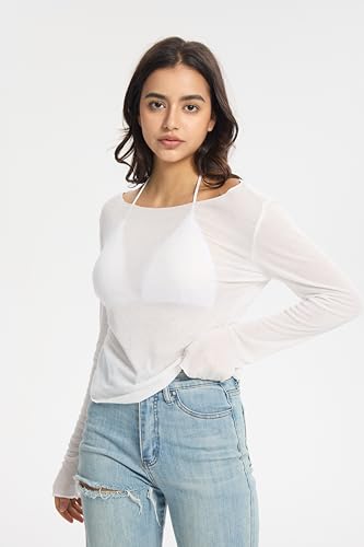 QJQ Women's Sheer Mesh Off The Shoulder Tops Long Sleeve See Through Shirts Going Out Party Club Outfits4