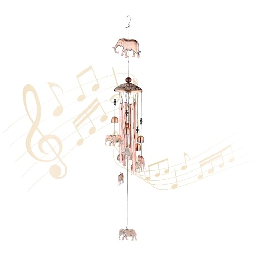 Relaxdays Wind Chime, with Bells & Elephants, Metal, Hanging Decoration, Indoors & Outdoors, HxD: 90 x 11.5 cm, Copper