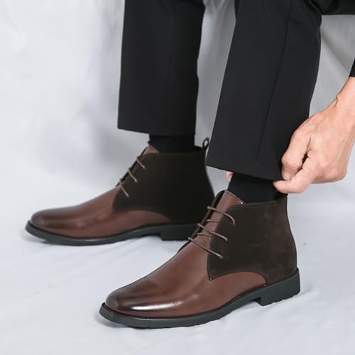 Image of Men'S Splicing Leather Lace Up Low Heel Dress Chukka Ankle Boots Classic Fashion Comfortable Non-Slip Chunky Heel Causal Oxford Booties For Business Work Driving
