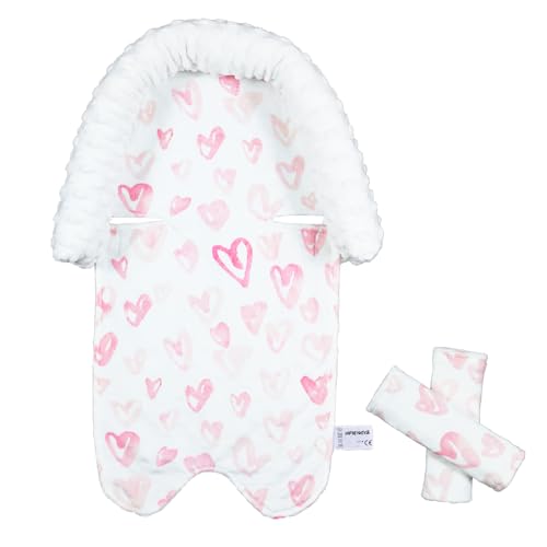Image of Baby Car Seat Head Support Cushion and Strap Cover for Girls - Infant Carseat Insert Support Soft Minky Newborn Headrest Seatbelt Covers for Car Seat,Stroller,Bouncer,Pink Love