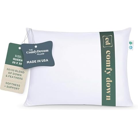 ComfyDown 50/50 Down Feather Blend ComfyDream Bed Pillow for Sleeping, Egyptian Cotton Cover, Made in USA, Queen Size (Queen) Cover