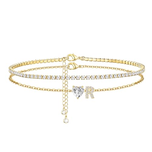 Image of Gold Initial Ankle Bracelets for Women 14K Gold Plated CZ heart Tennis Anklets for Women Waterproof Layered Adjustable Letter Anklets Large Ankle Summer Beach Foot Jewelry