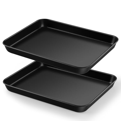 HaWare Nonstick Baking Tray Set of 2 Small Oven Cookie Sheet Pan for Baking/Cooking/Serving 26.5 X 20.5 X 2.5 cm Heavy-Duty & Non Toxic Rust Resistant & Easy Clean - Black