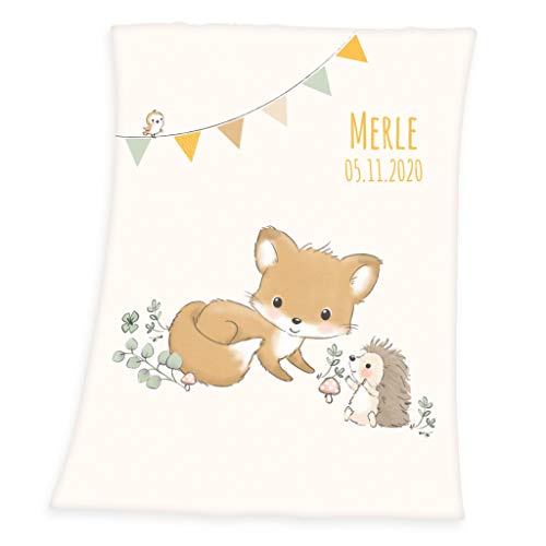 Wolimbo Babydecke mit Namen personalisiert - Motiv Waldfreunde - Besticktes Geschenk für Mädchen und Junge