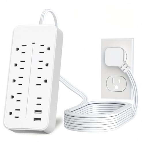 Flat Extension Cord 15 ft Surge Protector Power Strip with 8 Outlets 4 USB Flat Plug Outlet Extender Extension Cord with Multiple Outlets for Indoor Office Supplies Dorm Room Essentials White