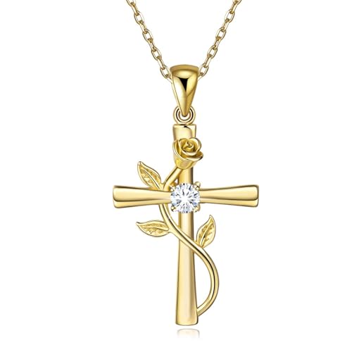 BlingGem Collares para Mujer Cruz Plata 925 Chapado de Oro con Zirconia Cubica Redondo Cruz Flores de Rose Colgante Cadena Ajustable,48 cm