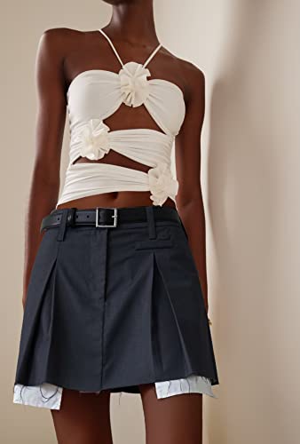 Kmbangi Floral Sexy Tank Top Women Y2K Ruffles Frill Halter Crop Tops Sleeveless Off Shoulder Backless Flower Tube Top (Hollow Floral White,S) #TOP1