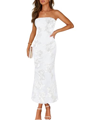 MEROKEETY Women's Floral Strapless Maxi Dress 2026 Summer Mesh Tube Bodycon Formal Wedding Guest Cocktail Party Long Dresses, White, X-Large