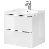Lomadox - Mobile sottolavabo per bagno, 61 cm, in ceramica, 2 cassetti a chiusura ammortizzata, 61 x 61 x 46 cm, colore: Bianco lucido