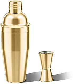 LUCKYGOOBO Cocktail Shaker with Double Measuring Jigger,18/8 Stainless Steel 750ML Martini Shaker Set,Drink Shaker Built-in Strainer,Bartender Kit. (Gold)