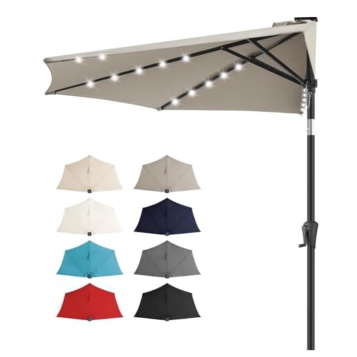FLAME&SHADE 9 ft Half Round Solar Powered Outdoor Market Patio Table Umbrella for Wall Balcony with LED Lights and Tilt, Taupe