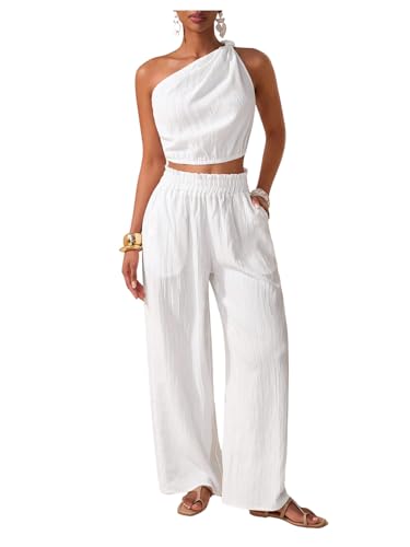 SOLY HUX Womens Summer One Shoulder Crop Top and Pants Set Solid White Large